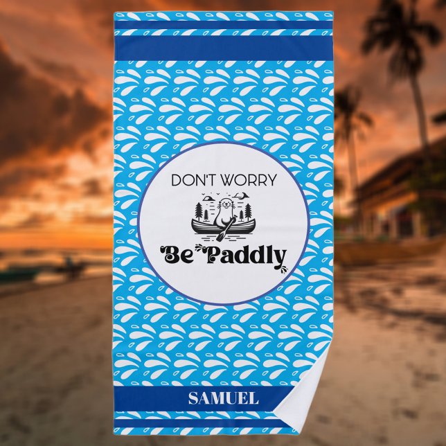 Blue Water Pattern Stripes Retro Canoe Otter Name Beach Towel (Creator Uploaded)