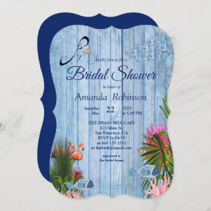 Blue water Pebbles & Pink Flamingos Bridal Shower Invitation