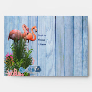 Blue water Pebbles,Pink Flamingos & Fish Envelope