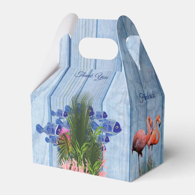 Blue water Pebbles,Pink Flamingos & Fish Favor Boxes (Front Side)