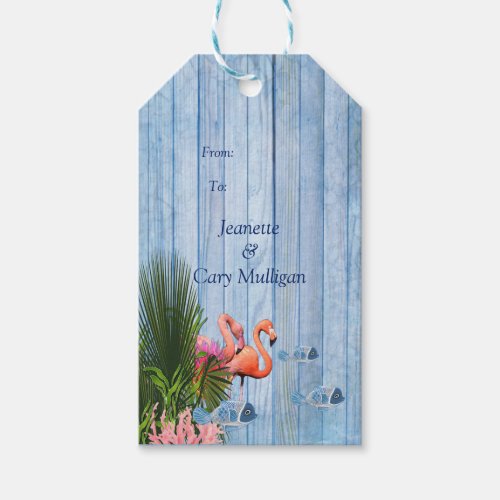 Blue Water Pebbles Pink Flamingos  Fish Gift Tags