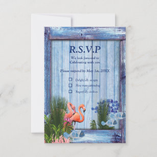 Blue water Pebbles,Pink Flamingos & Fish RSVP Card