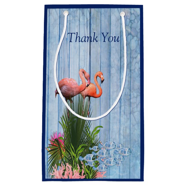 Blue water Pebbles,Pink Flamingos & Fish Small Gift Bag (Front)