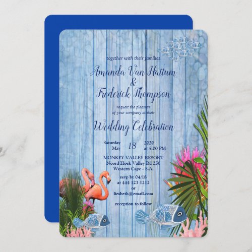 Blue water Pebbles  Pink Flamingos Invitation