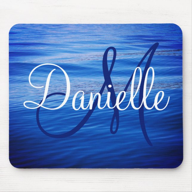 Blue Water Photo Dark Blue and White Monogram Mouse Pad (Front)