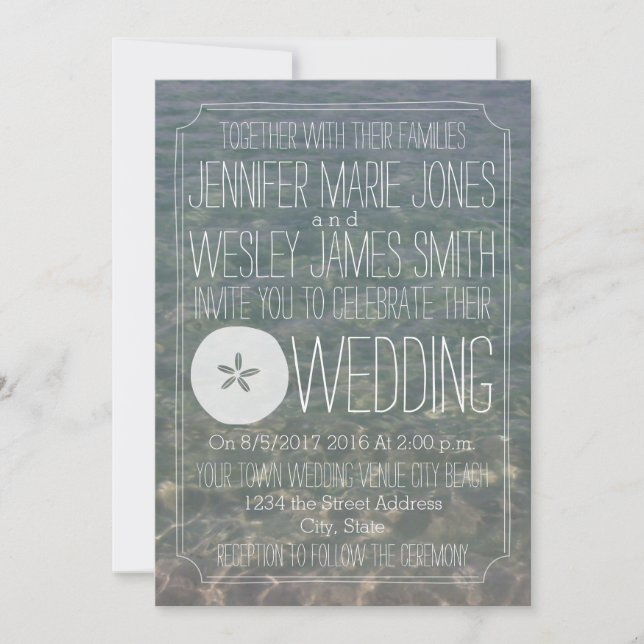 Blue Water + Sand Dollar Modern Beach Wedding Invitation (Front)