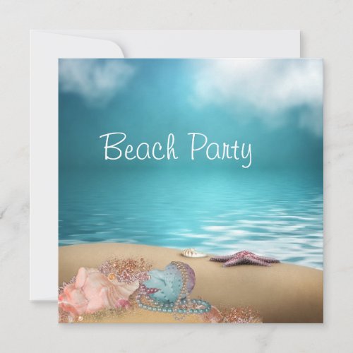 Blue Water Seashells Sand Beach Party Invitation