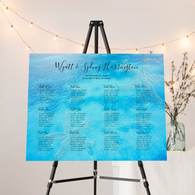 Blue Water Starfish Wedding Seating Chart Poster (In Situ (Stand))