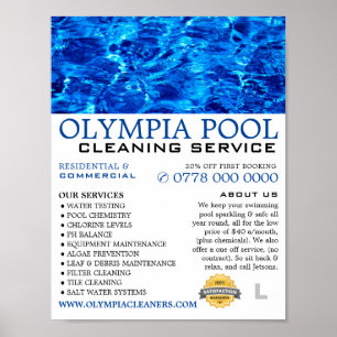 Blue Water, Swimming Pool Cleaning Advertising Poster