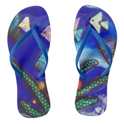 Blue Water Tropical Fish Fused Glass Irridescent Flip Flops