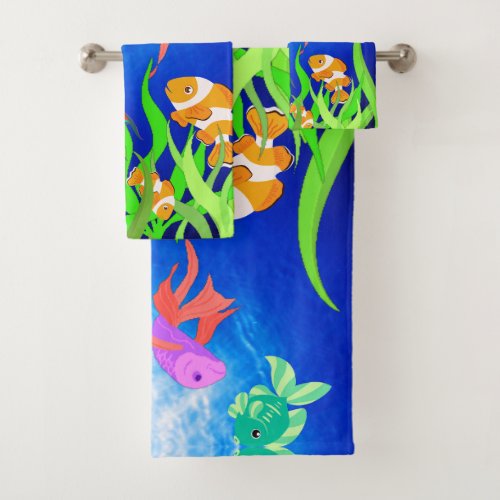 Blue Water Tropical Ocean Fishes Bath Towel Set