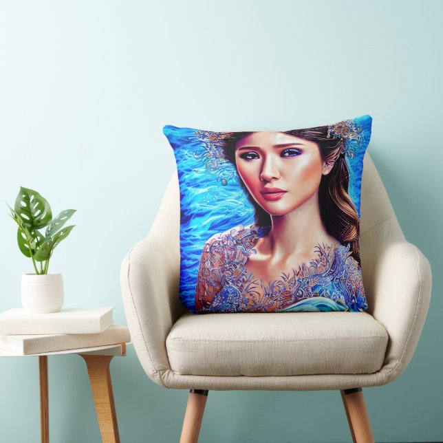 Blue Water Wave Fantasy Goddess Abstract Art  Throw Pillow (Chair)