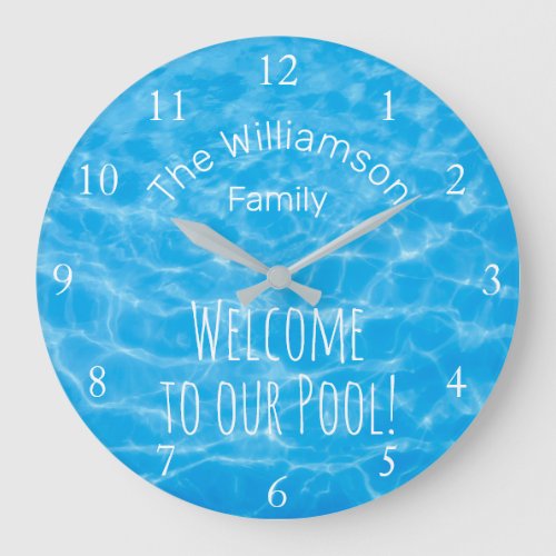 Blue Water Welcome to Our Pool Family Name Large Clock