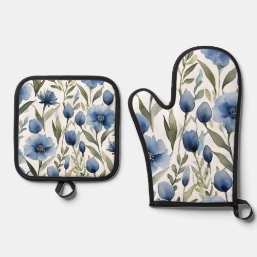 Blue Watercoloe Wildflower  Oven Mitt  Pot Holder Set