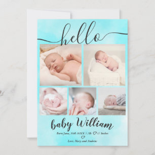 Blue watercolor 5 grid photo baby boy birth announcement