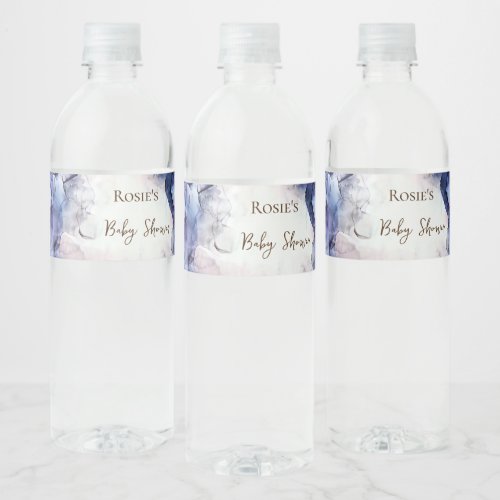 Blue watercolor abstract baby shower water bottle label