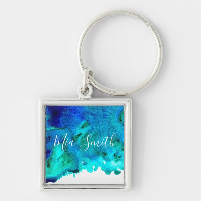 Blue watercolor abstract ocean design keychain (Front)