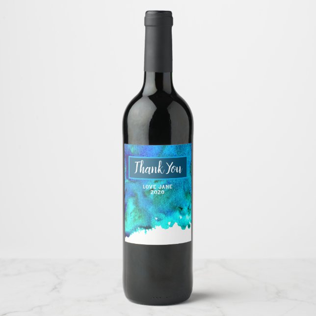 Blue watercolor abstract ocean design wine label (Front)