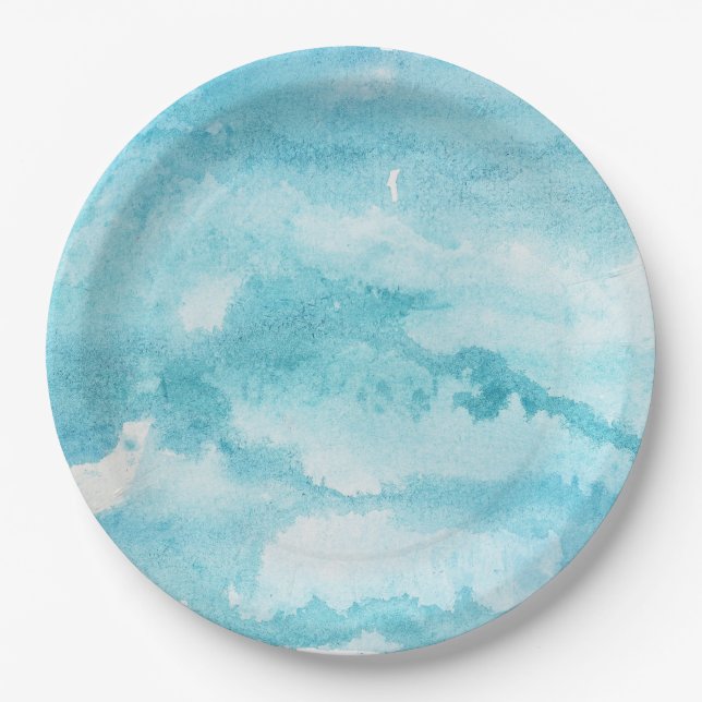 Blue Watercolor Abstract Party Paper Plate (Front)