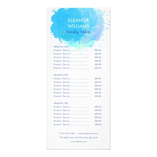 Blue Watercolor Abstract Salon Service Menu (Front)