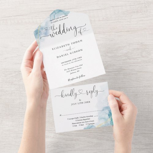 Blue Watercolor Abstract Script Hearts Wedding All In One Invitation