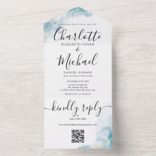 Blue Watercolor Abstract Script QR Code Wedding All In One Invitation