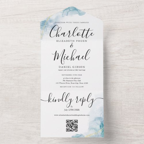 Blue Watercolor Abstract Script QR Code Wedding All In One Invitation