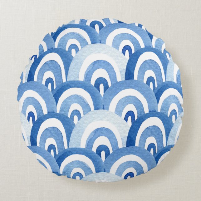 Blue Watercolor: Abstract Sea Waves Round Pillow (Front)