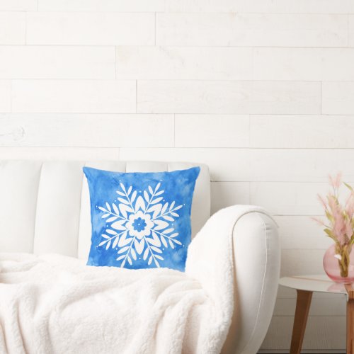 Blue Watercolor Abstract Snowflake Throw Pillow