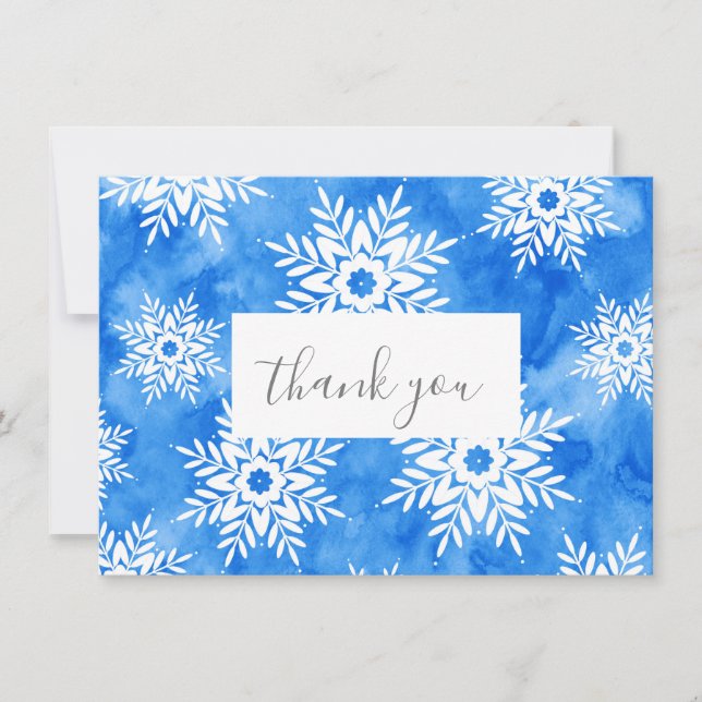 Blue Watercolor Abstract Snowflakes Thank You Card (Front)