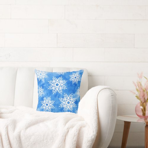 Blue Watercolor Abstract Snowflakes Throw Pillow