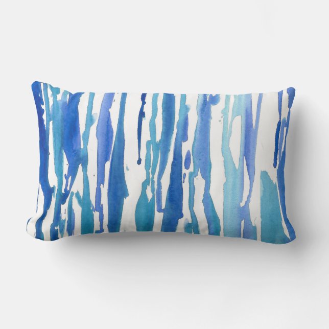 Blue Watercolor Abstract Stripes Lumbar Pillow (Front)