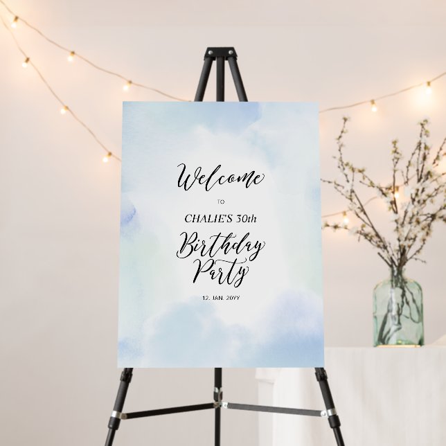 Blue Watercolor Adult Birthday Party Welcome Sign (In Situ (Stand))