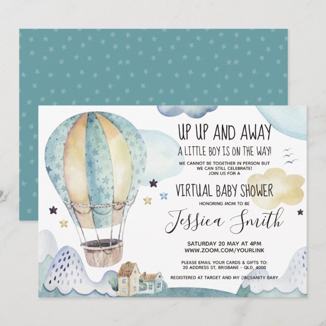 Blue Watercolor Air Balloon | Virtual Baby Shower Invitation (Front/Back)