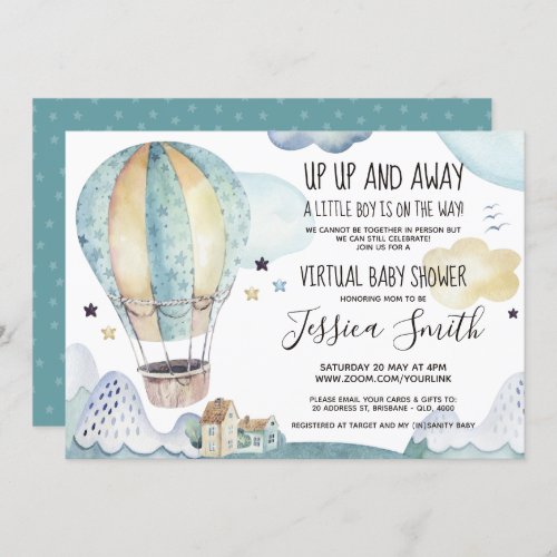 Blue Watercolor Air Balloon  Virtual Baby Shower Invitation