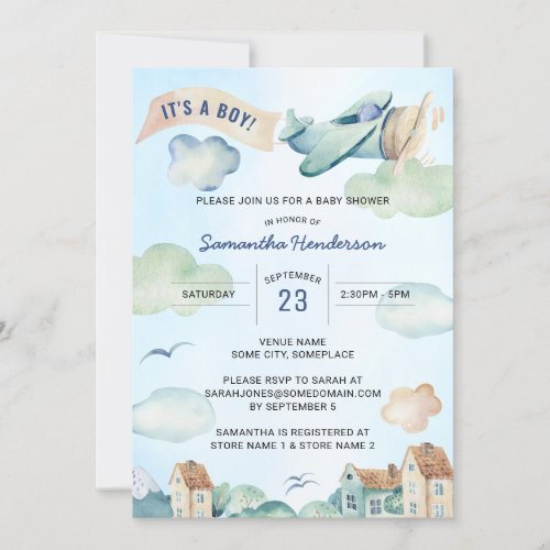 Blue Watercolor Airplane Boys Baby Shower Invitation