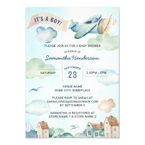 Blue Watercolor Airplane Boy's Baby Shower Invitation