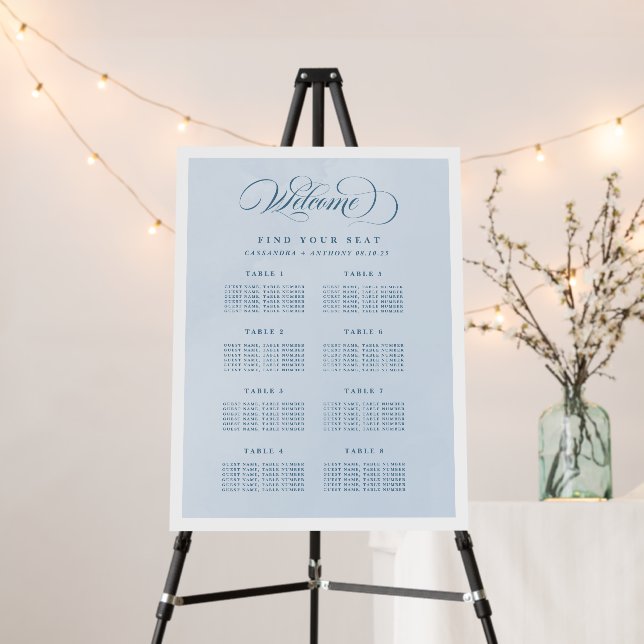 Blue Watercolor Alphabetical Seating Chart Foam Board (In Situ (Stand))