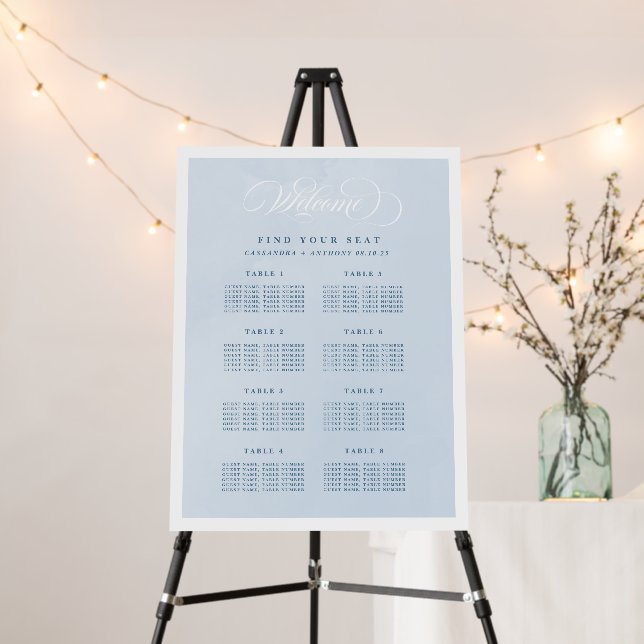 Blue Watercolor Alphabetical Seating Chart Foam Board (In Situ (Stand))
