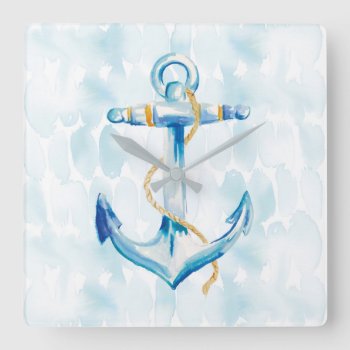 Blue Watercolor Anchor Square Wall Clock by wildapple at Zazzle