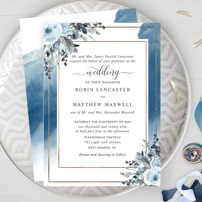 Blue Watercolor and Blue Floral, Parents Hosting Invitation (Creator Uploaded)