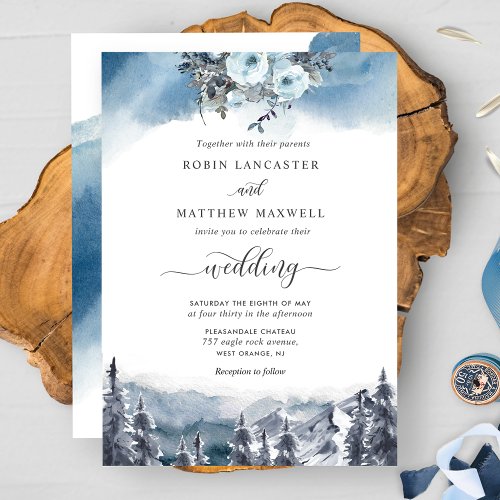 Blue Watercolor and Blue Mountains Wedding Invitation