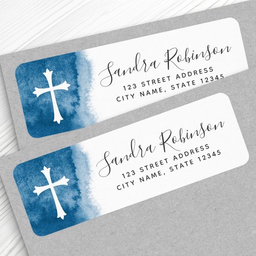 Blue watercolor and cross baptism communion label