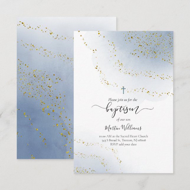 blue watercolor and FAUX foil confetti baptism Invitation (Front/Back)
