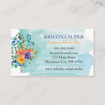 Blue Watercolor And Floral Business Card by ProfessionalDevelopm at Zazzle