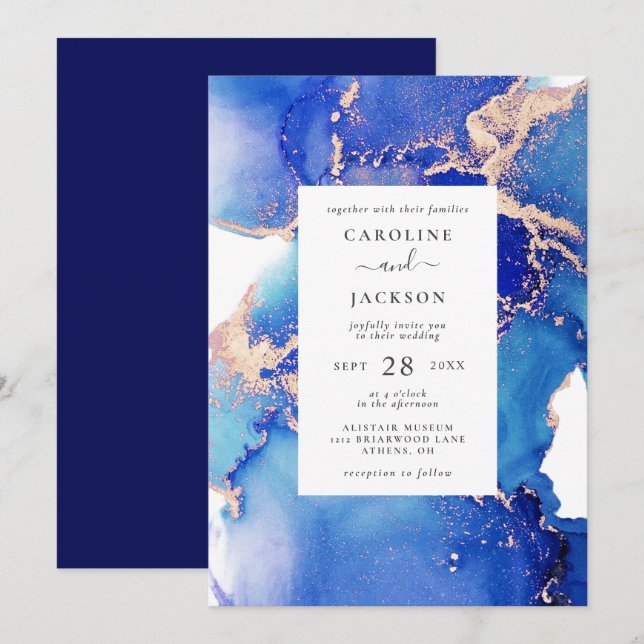 Blue Watercolor and Gold Wedding Invitation (Front/Back)