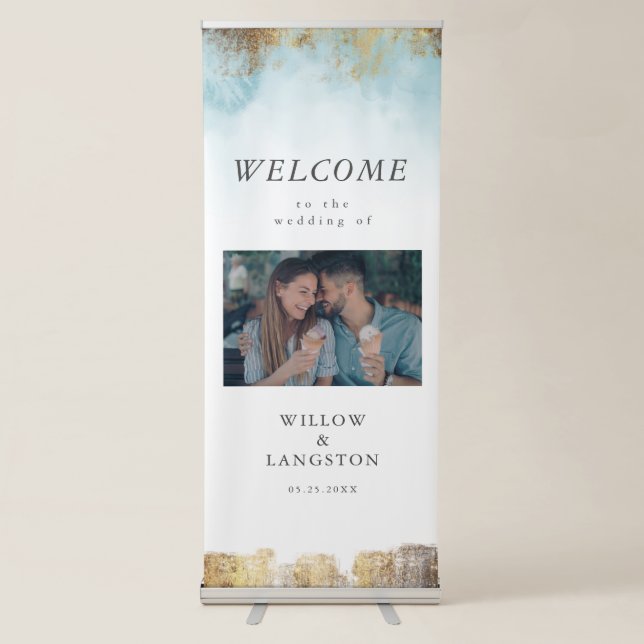 Blue Watercolor and Gold Wedding Welcome Sign (Front)