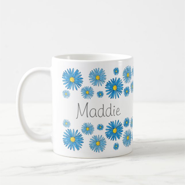 Blue Watercolor and Pen Asters Garland Coffee Mug (Left)