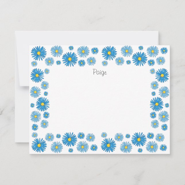 Blue Watercolor and Pen Asters Garland Frame Note Card (Front)