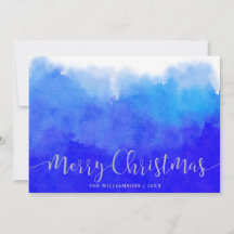 Blue Watercolor and Silver Merry Christmas Photo
